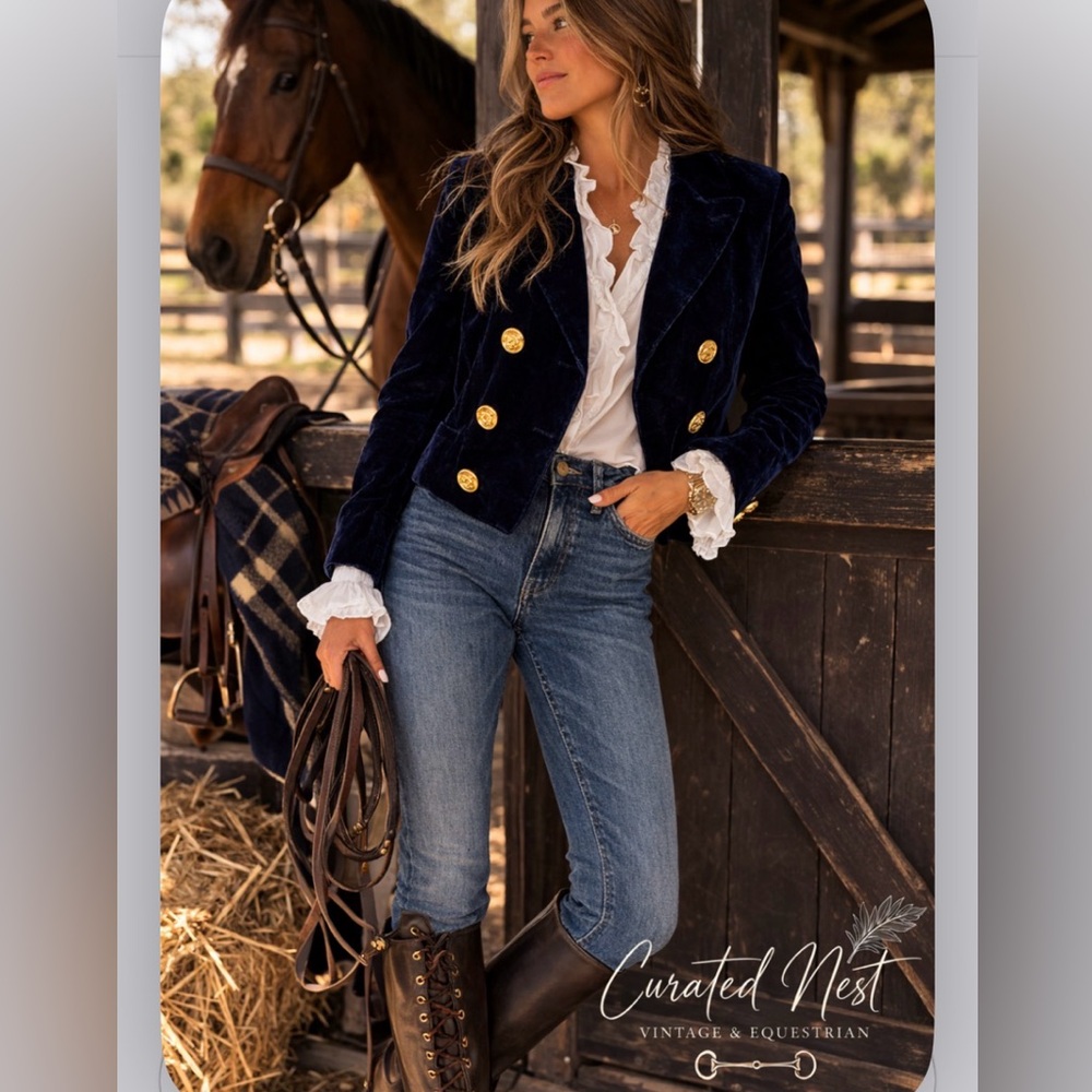 Rare Ralph Ralph Lauren Blue Velvet Double Breasted gold buttoned Short Jacket - Picture 4 of 4